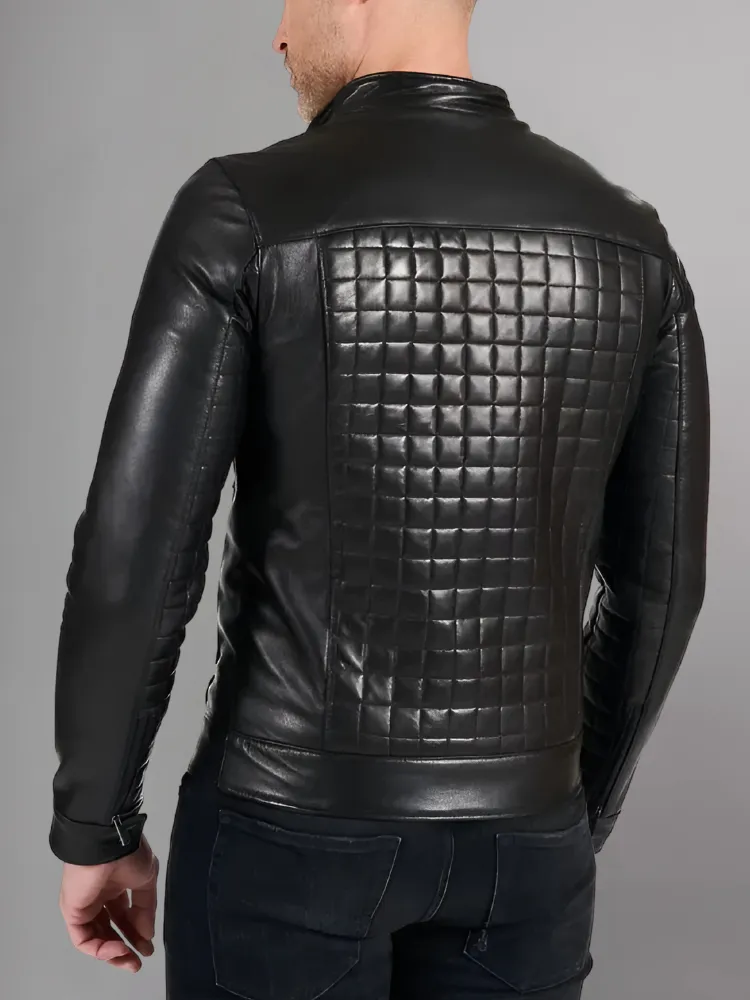 Black nappa lamb leather biker jacket checked quilted