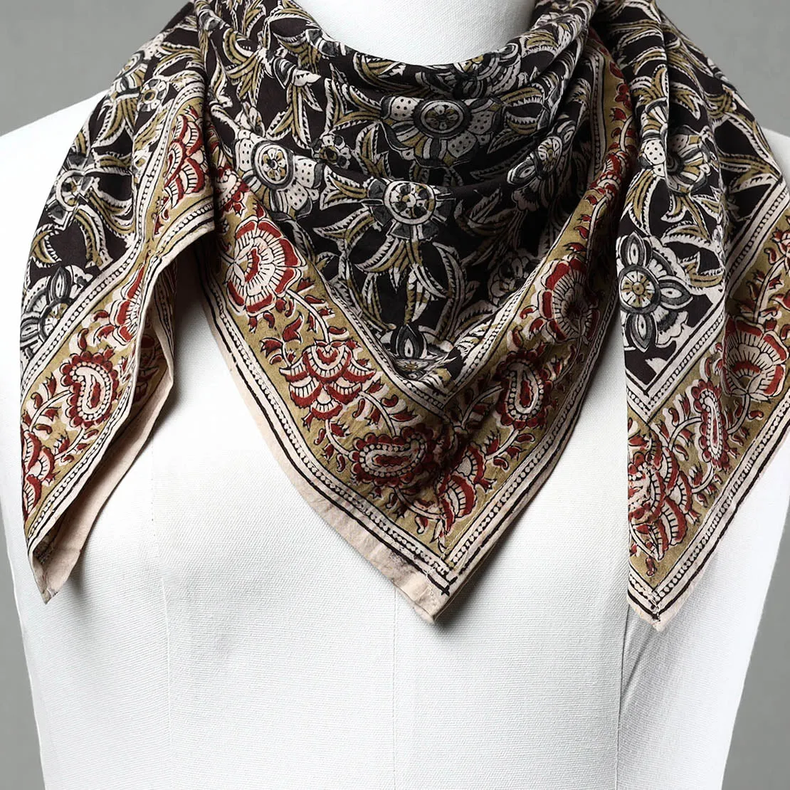 Black - Pedana Kalamkari Block Printed Natural Dyed Cotton Scarf 18