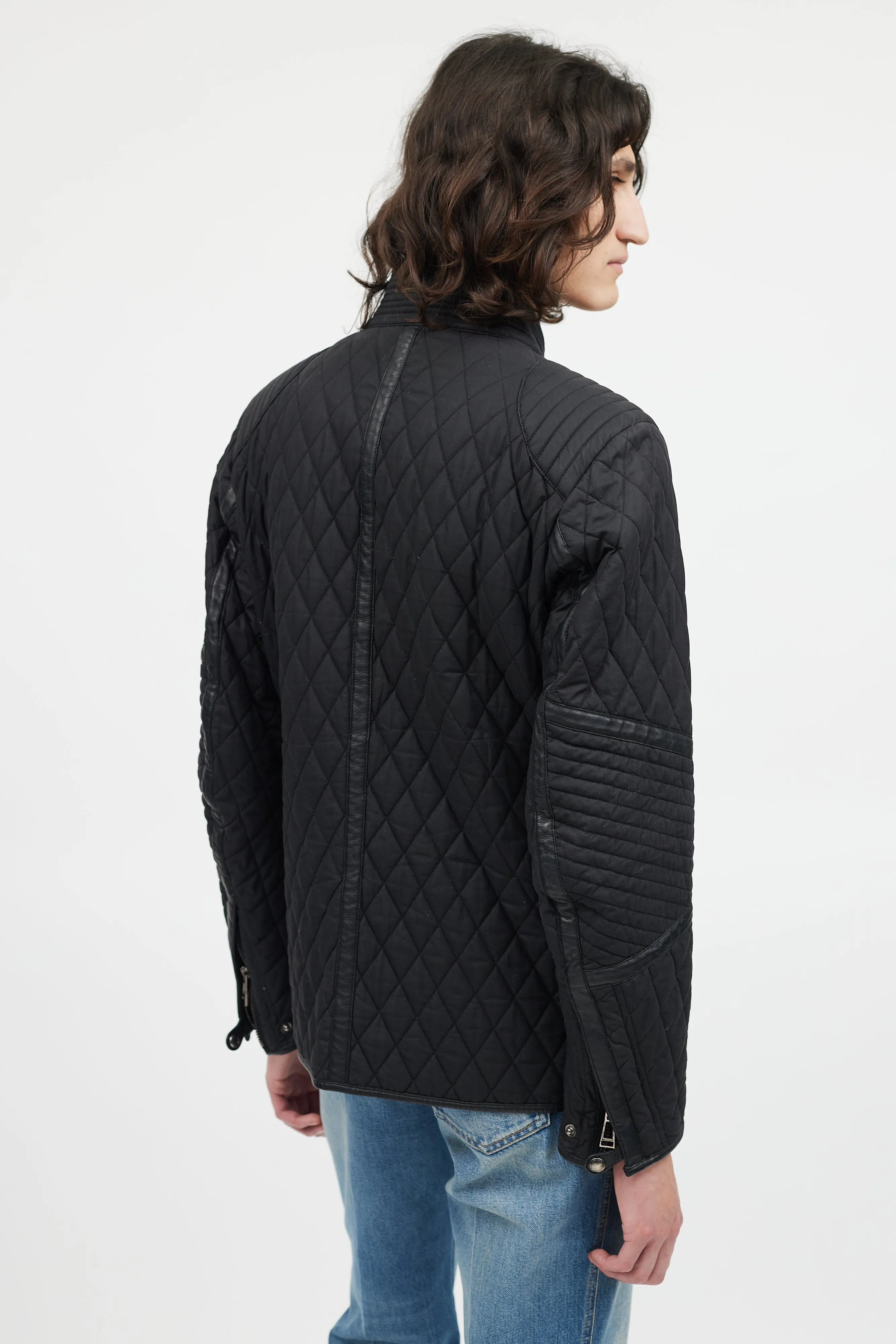 Black Six Pocket Quilted Leather Trim Jacket