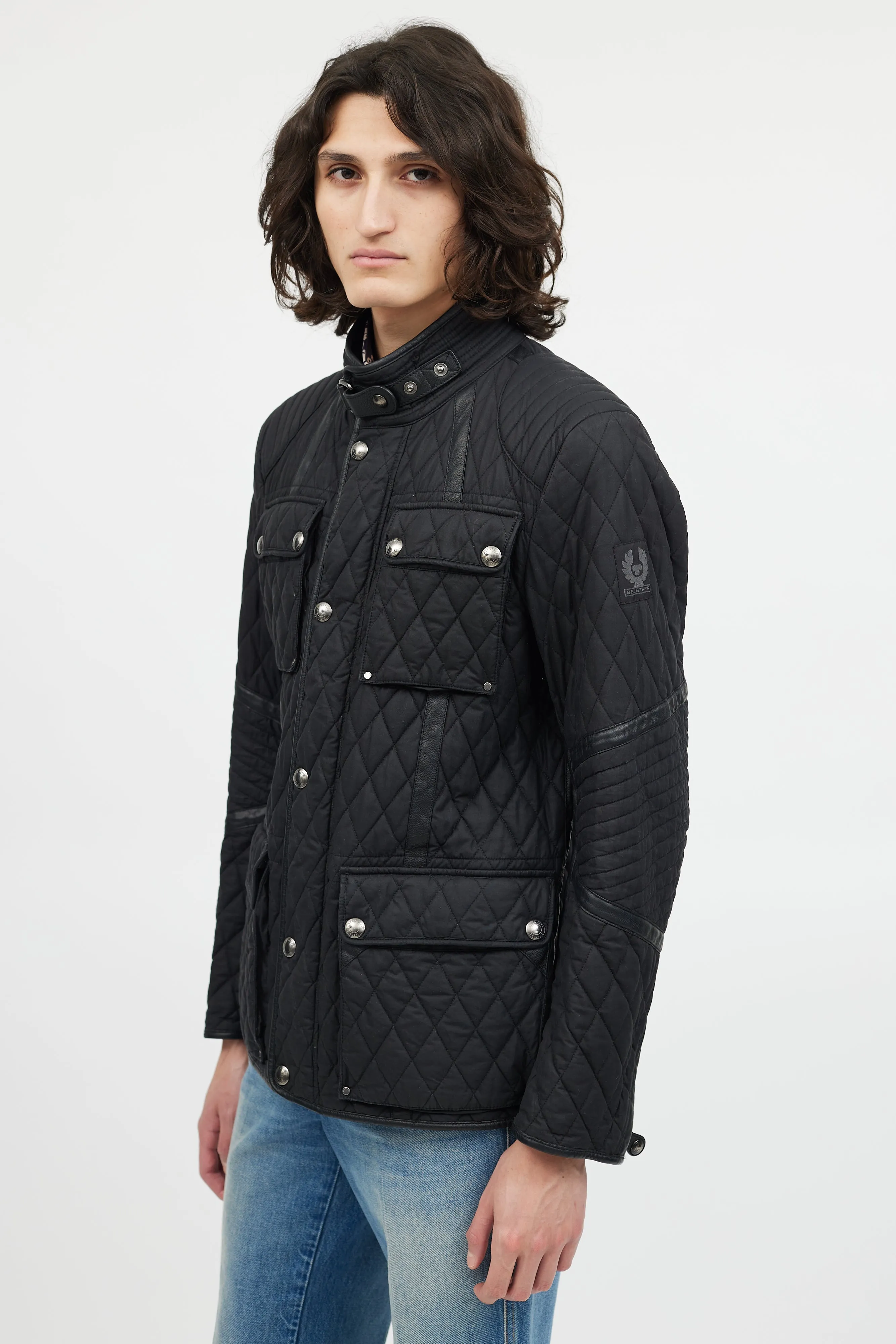 Black Six Pocket Quilted Leather Trim Jacket