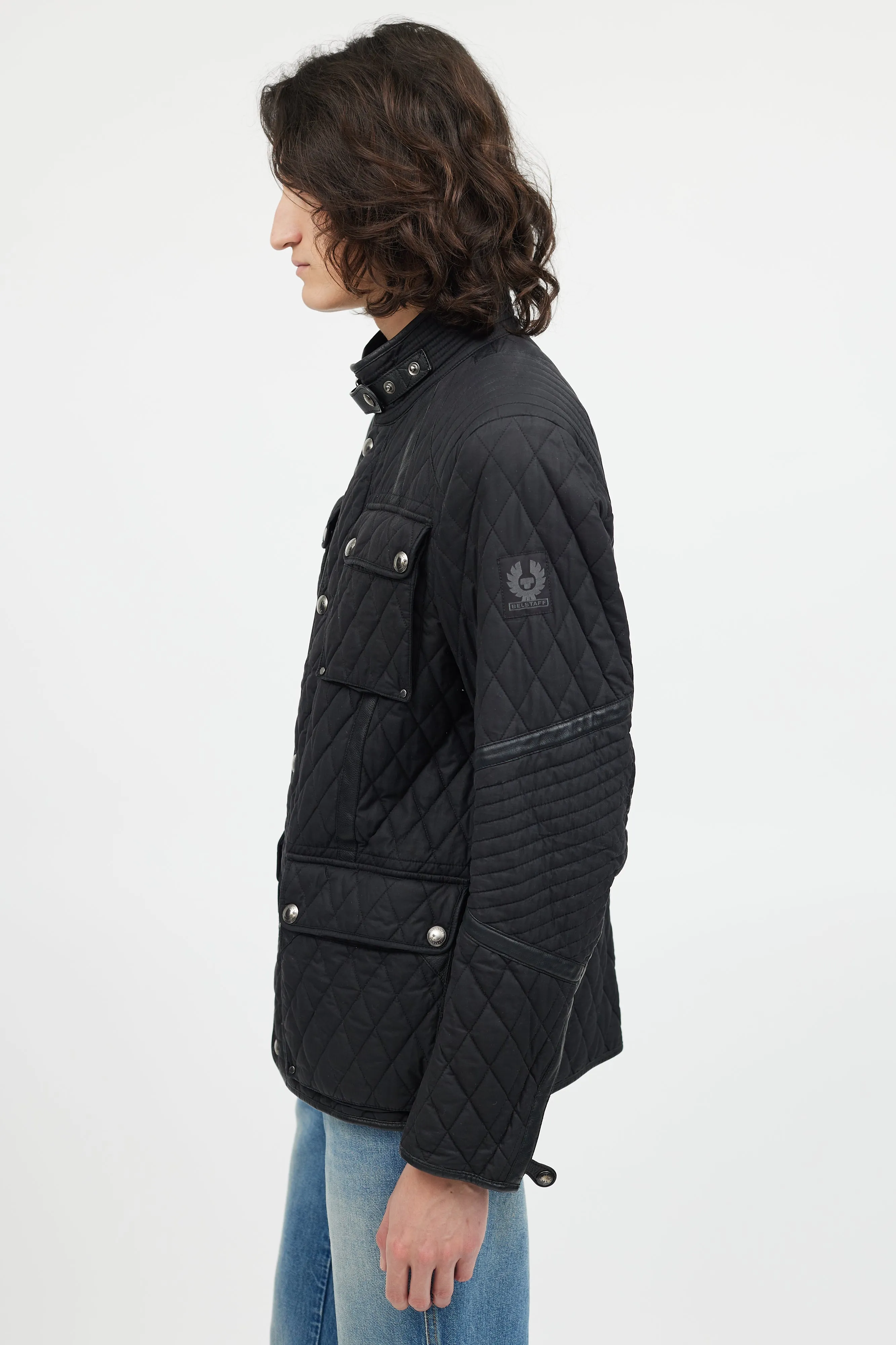 Black Six Pocket Quilted Leather Trim Jacket