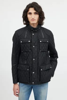 Black Six Pocket Quilted Leather Trim Jacket