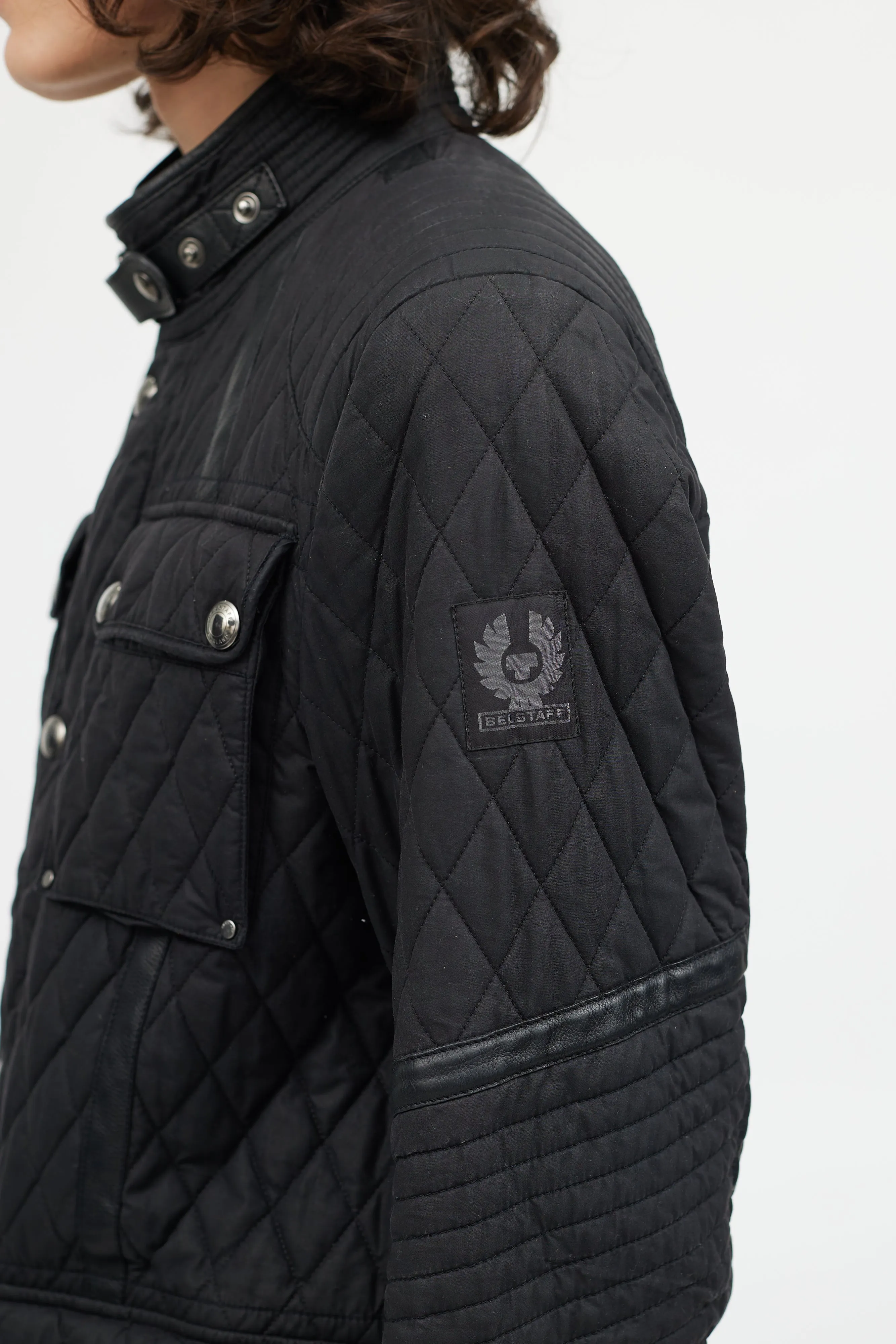 Black Six Pocket Quilted Leather Trim Jacket