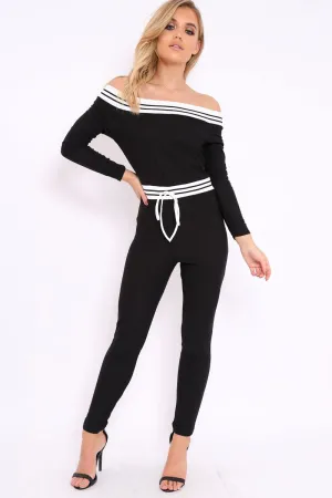 Black Sports Trim Bardot Jumpsuit - Millie