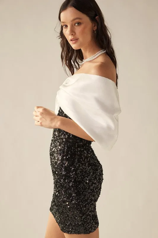 Black/White Asymmetric Sequin Off Shoulder Silk Ribbon Dress