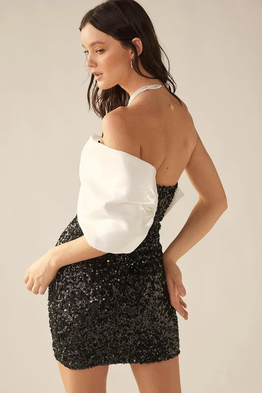 Black/White Asymmetric Sequin Off Shoulder Silk Ribbon Dress