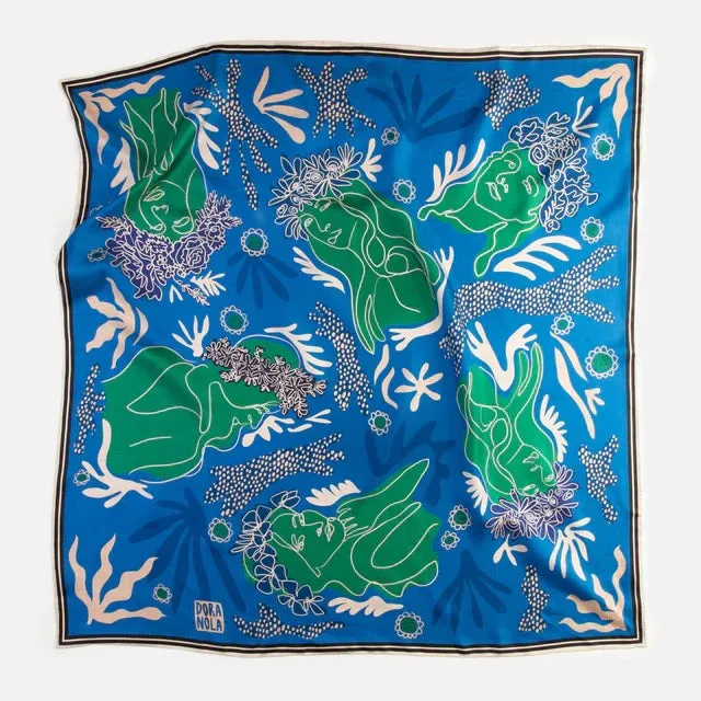 Blue and Green Queen Square Silk Scarf by Dora Nola