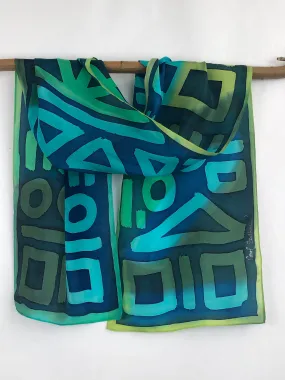 “Blue Glyphs” - Hand-dyed Silk Scarf - $125