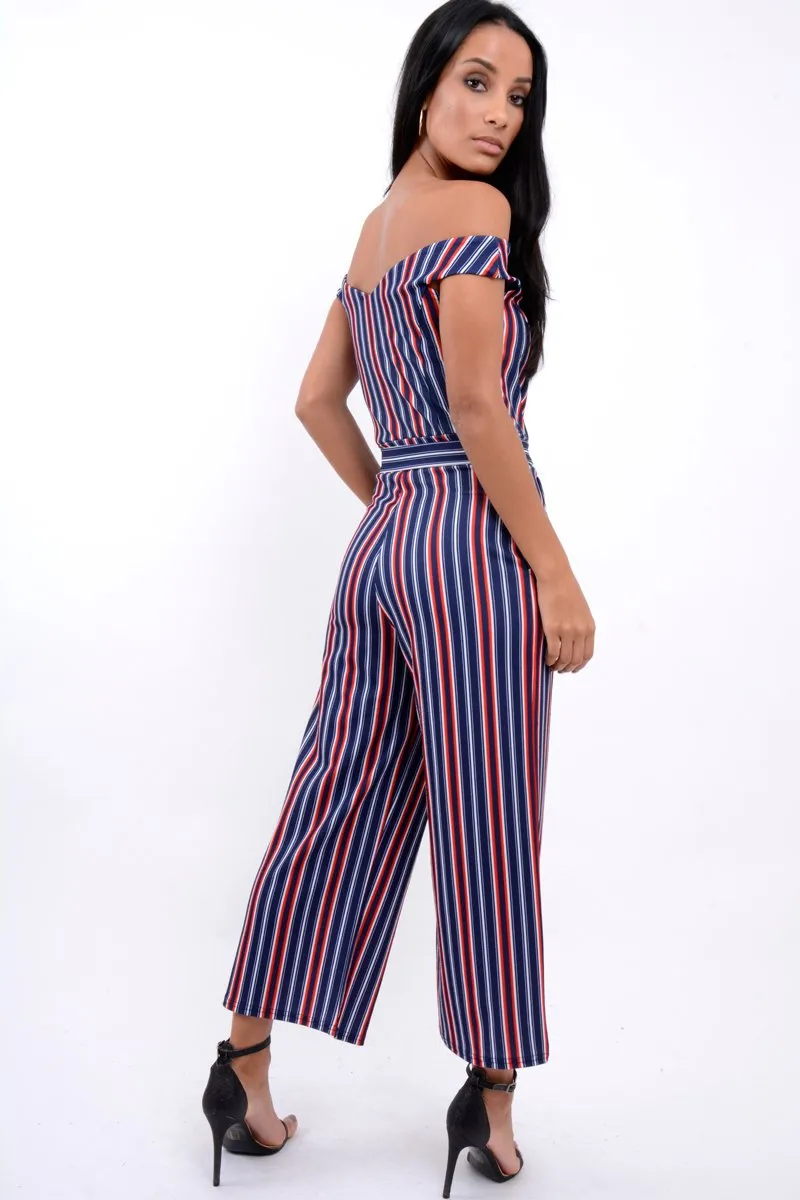 Blue Stripe Bardot V Dip Jumpsuit - Lisah