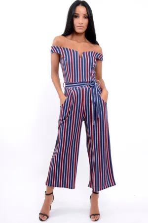 Blue Stripe Bardot V Dip Jumpsuit - Lisah