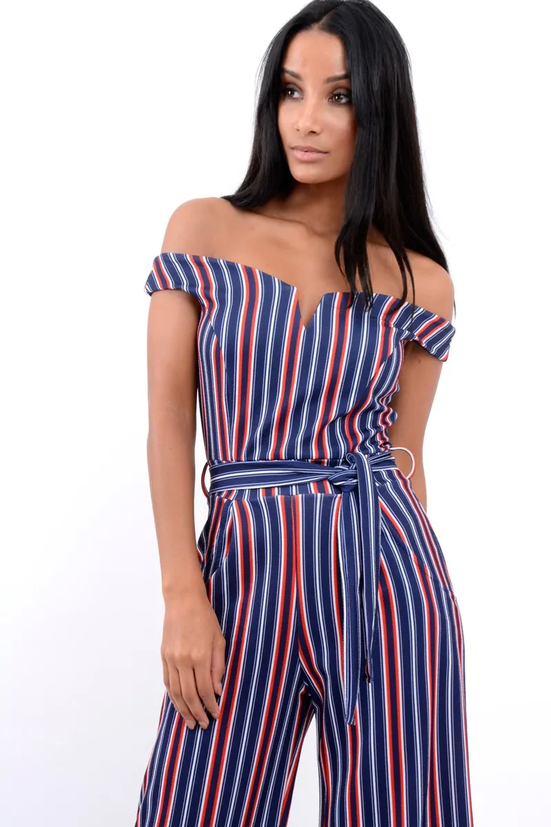 Blue Stripe Bardot V Dip Jumpsuit - Lisah