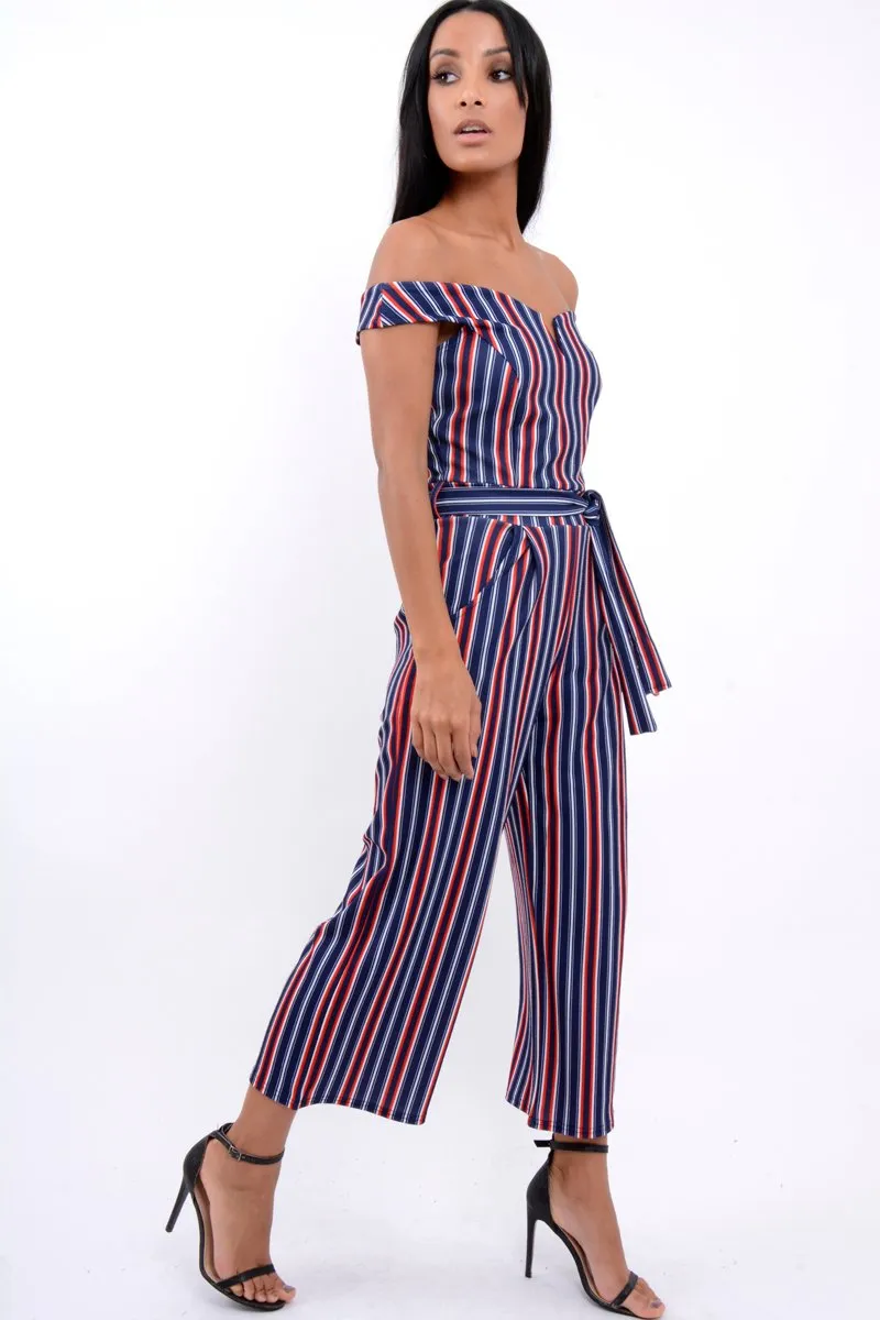 Blue Stripe Bardot V Dip Jumpsuit - Lisah