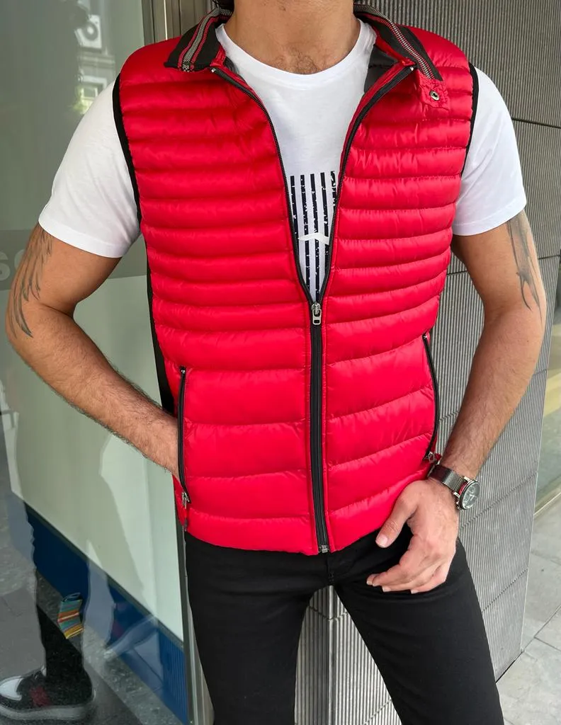 Bojoni Veneta Slim Fit Zippered Red Puffer Vest Jacket