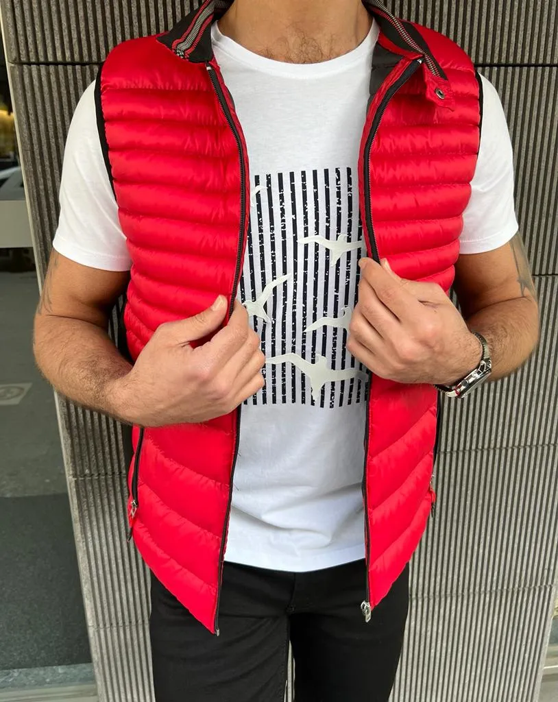 Bojoni Veneta Slim Fit Zippered Red Puffer Vest Jacket