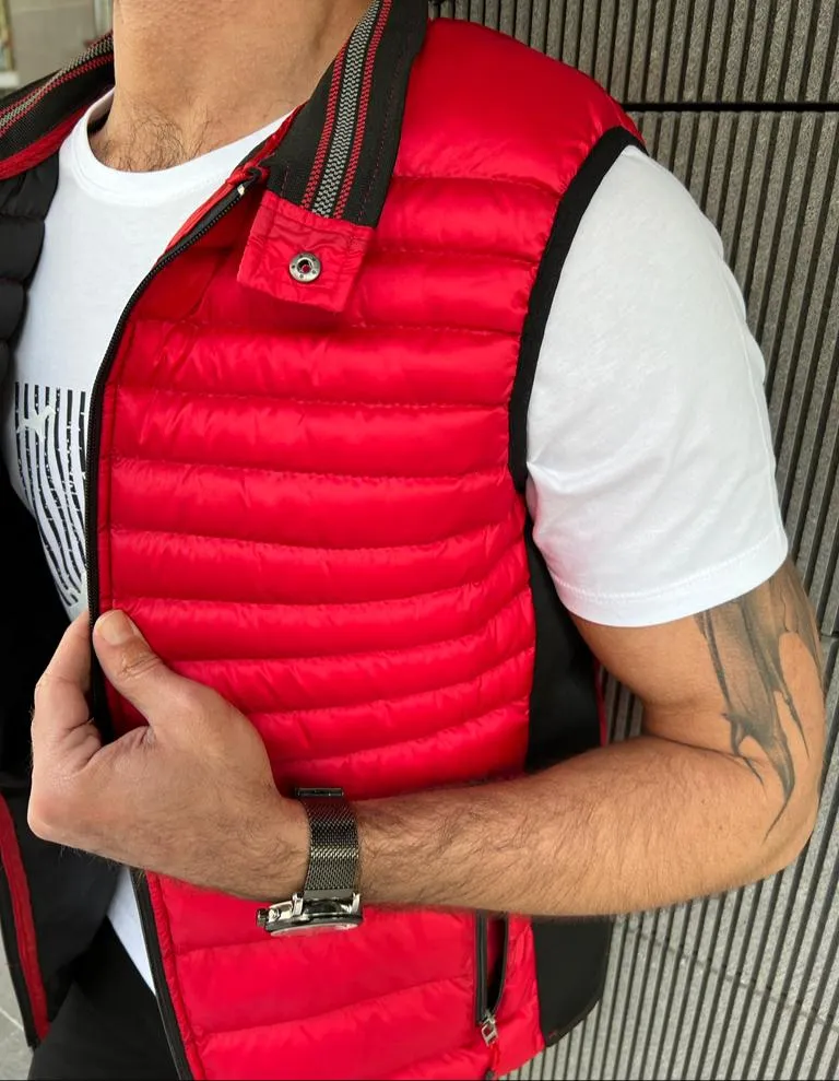 Bojoni Veneta Slim Fit Zippered Red Puffer Vest Jacket