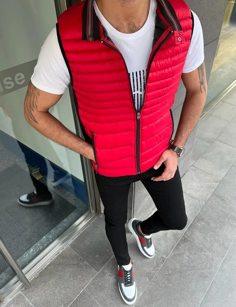 Bojoni Veneta Slim Fit Zippered Red Puffer Vest Jacket