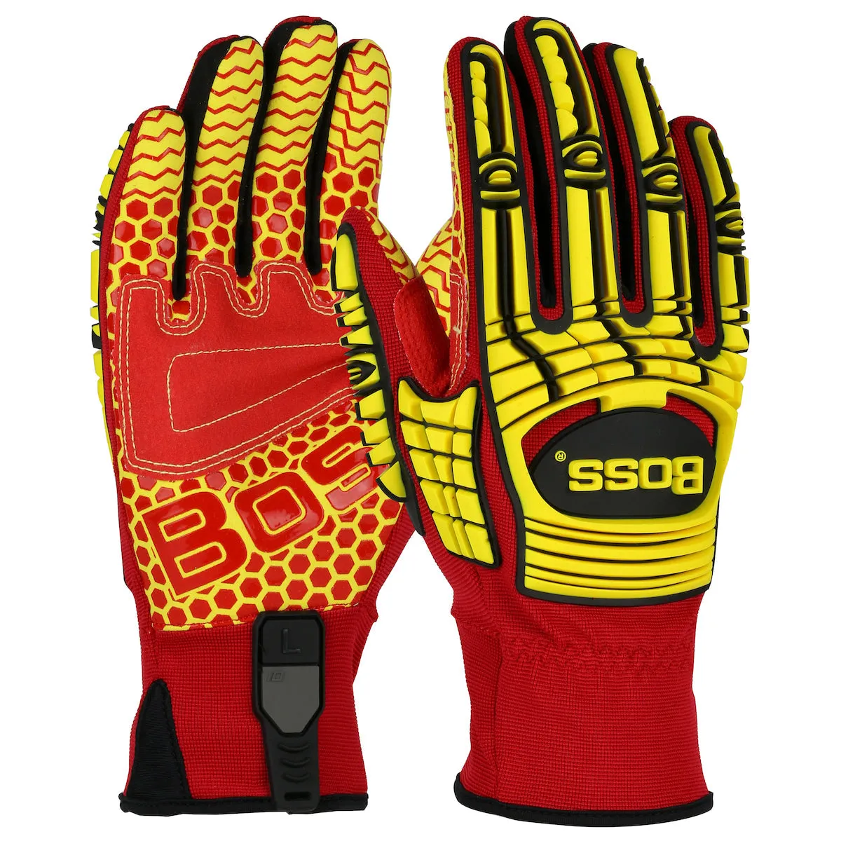 Boss 120-MP2415 Synthetic Leather Palm with Red Silicone Grip and Spandex Back TPR Impact Protection Safety Glove (One Dozen)