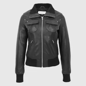 Buy Best Quality Womens Leather Classic Bomber Jacket Motto Black