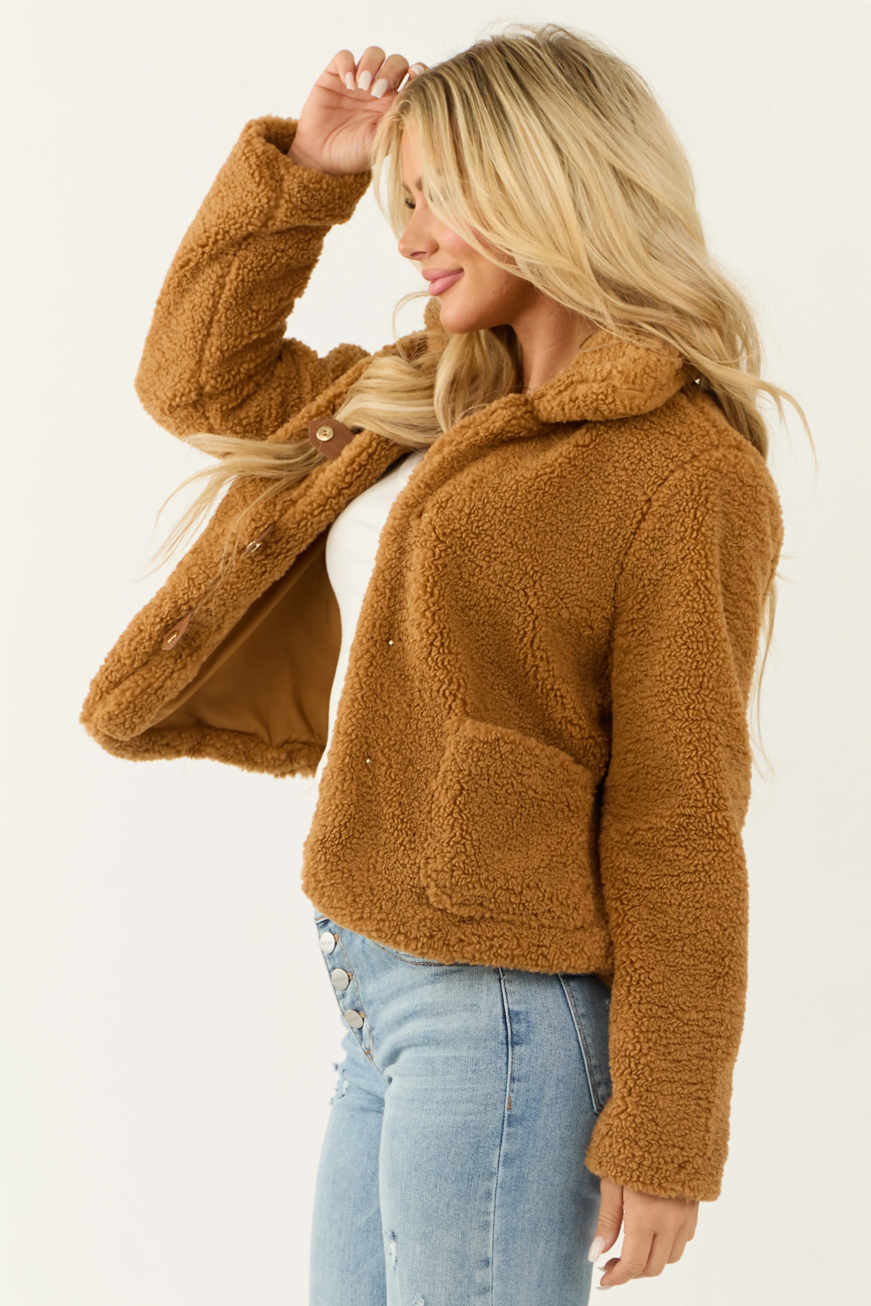 Caramel Sherpa Snap Button Up Jacket