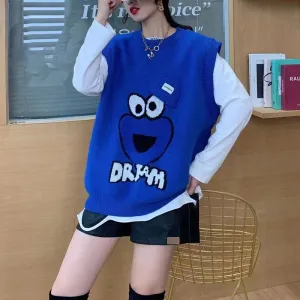 Cartoon Embroidery Klein Blue Outerwear Knitted Loose Fit Sweater Vest