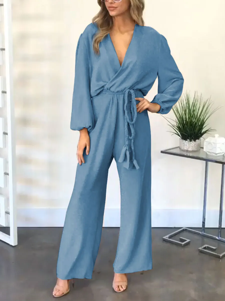 Casual Loose Long Sleeve V-neck High Waist Jumpsuit