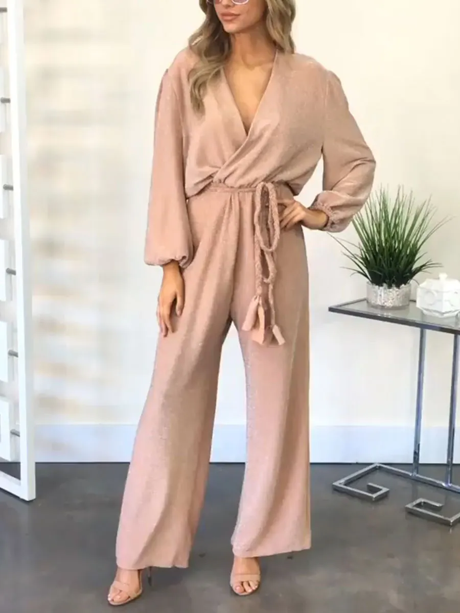 Casual Loose Long Sleeve V-neck High Waist Jumpsuit