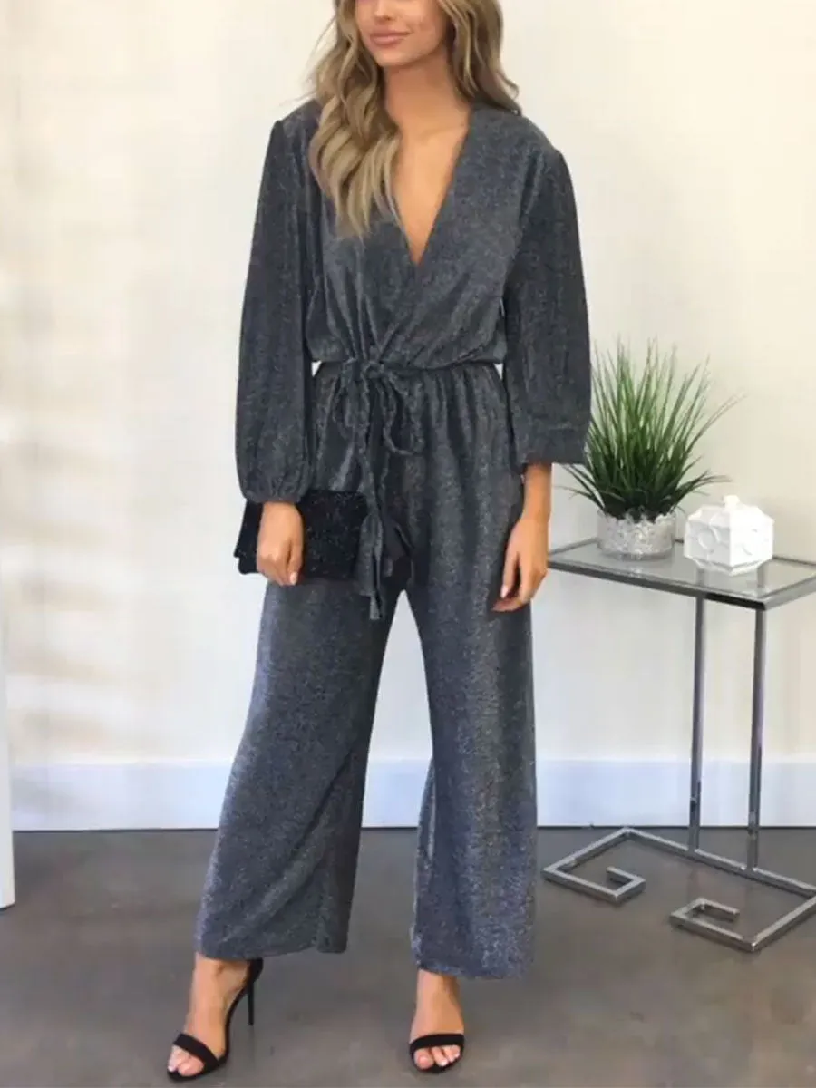 Casual Loose Long Sleeve V-neck High Waist Jumpsuit