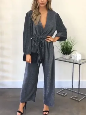 Casual Loose Long Sleeve V-neck High Waist Jumpsuit