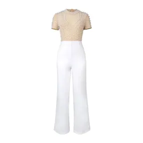 Casual Style High Waist Flattering Round-neck Short Sleeve Beaded Jumpsuit