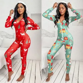 Casual Women's Hooded Christmas Print Home Wear V-Neck Jumpsuit Women