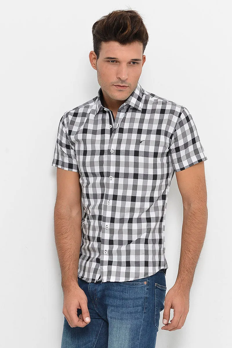 Checked Short Sleeve White-Black Men Shirt - Wessi