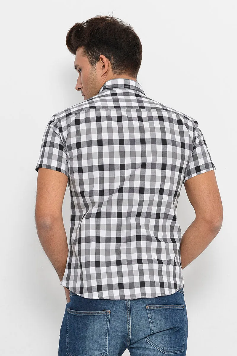 Checked Short Sleeve White-Black Men Shirt - Wessi