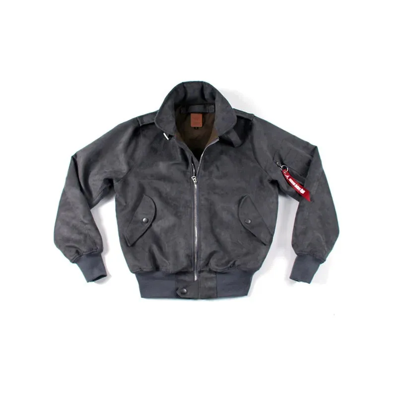 Classic Military Style Suede Bomber Jacket - Short Dark Grey