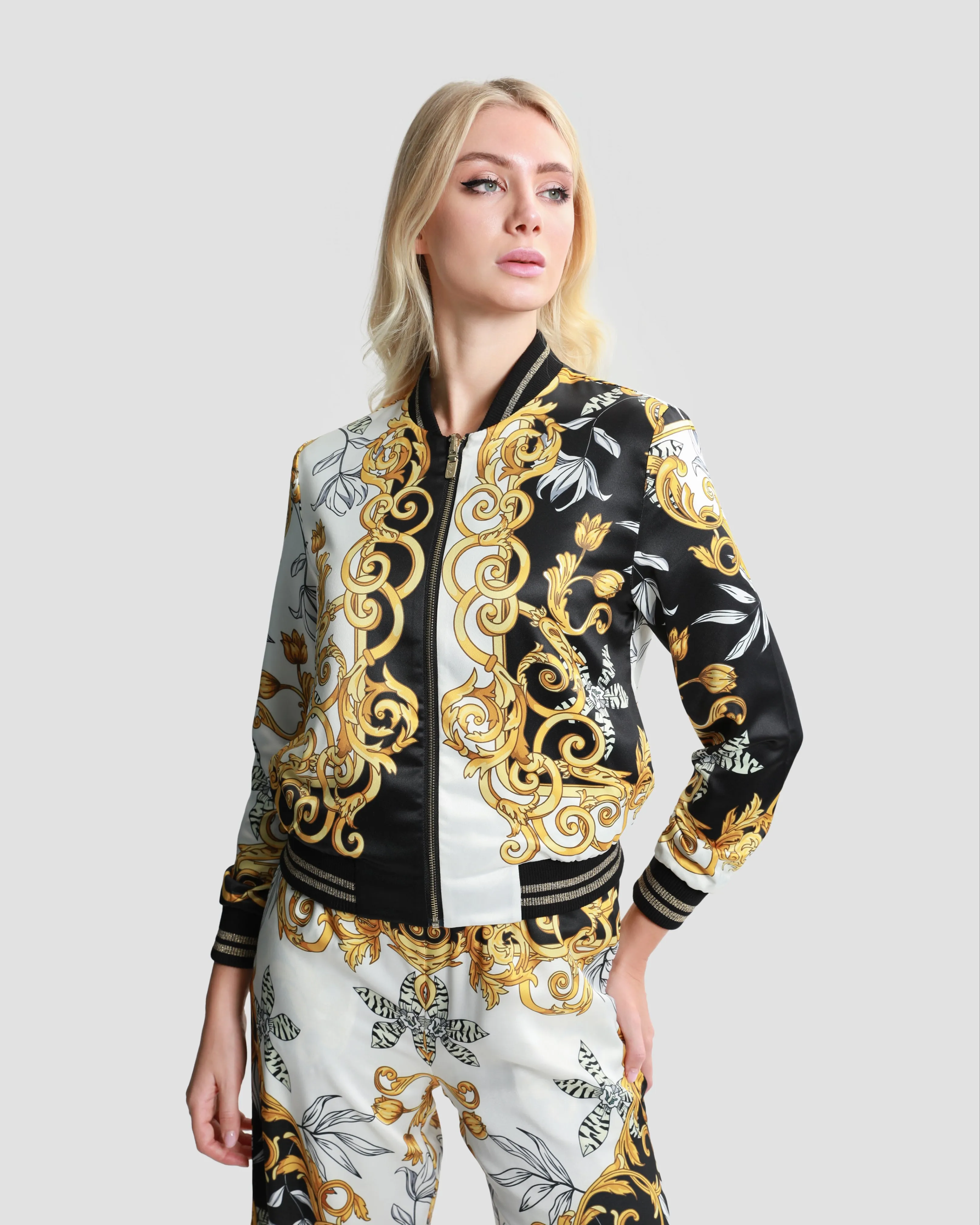 Contrasted Ornamental Reversible Bomber Jacket