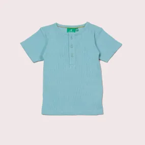 Corn Silk Blue Ribbed Short Sleeve Henley Top