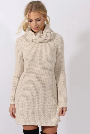 Cream Chunky Turtleneck Knit Jumper Dress - Cloe