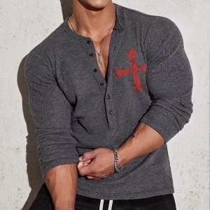 CROSS HALF BUTTON HENLEY NECK GRAPHIC LONG SLEEVE T-SHIRT