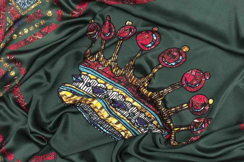 Crowns Green Silk Satin Scarf