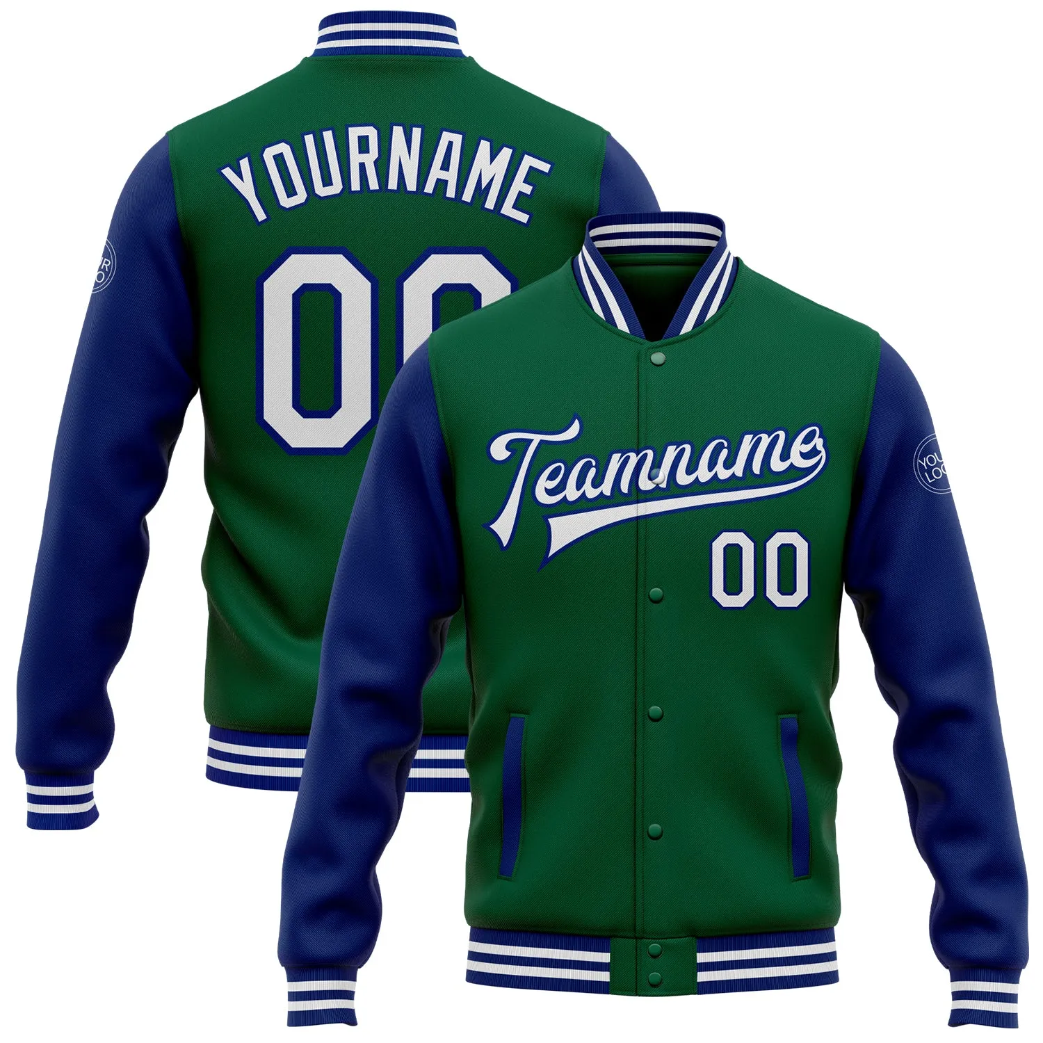 Custom Kelly Green White-Royal Bomber Full-Snap Varsity Letterman Two Tone Jacket