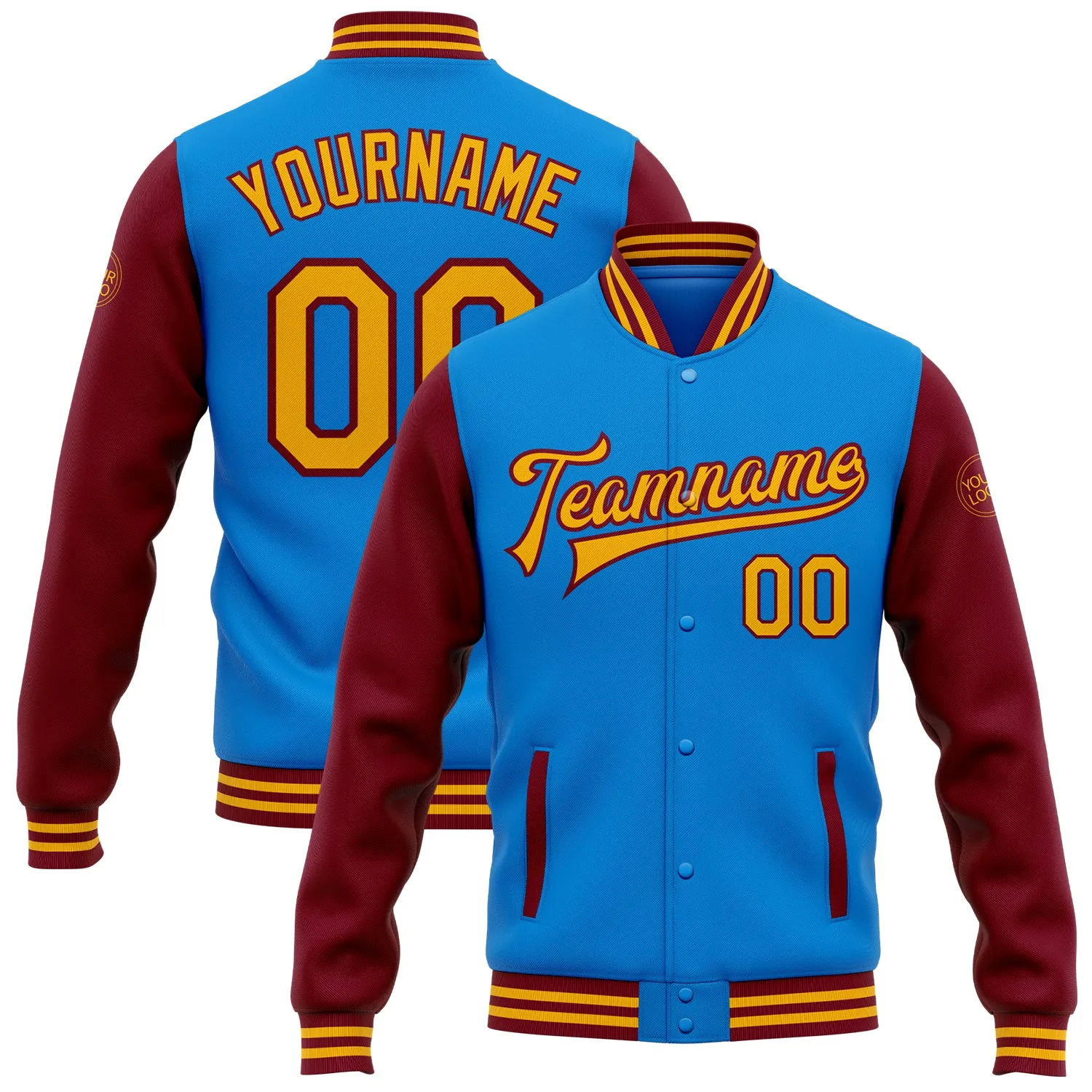 Custom Powder Blue Gold-Crimson Bomber Full-Snap Varsity Letterman Two Tone Jacket