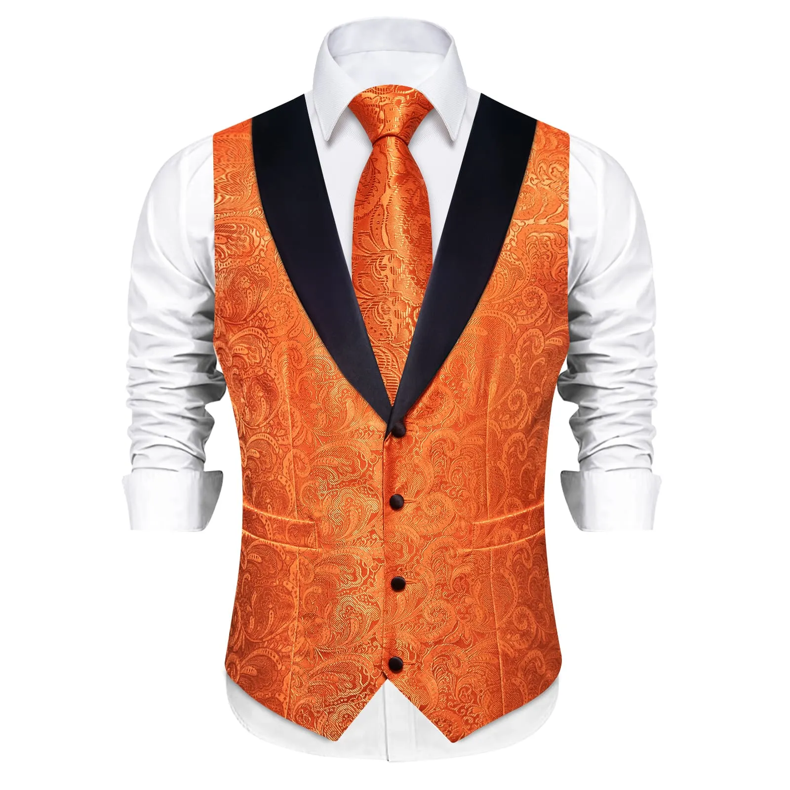 DiBanGu Bright Orange Floral Silk Shawl Collar Mens Dress Vest Tie Set