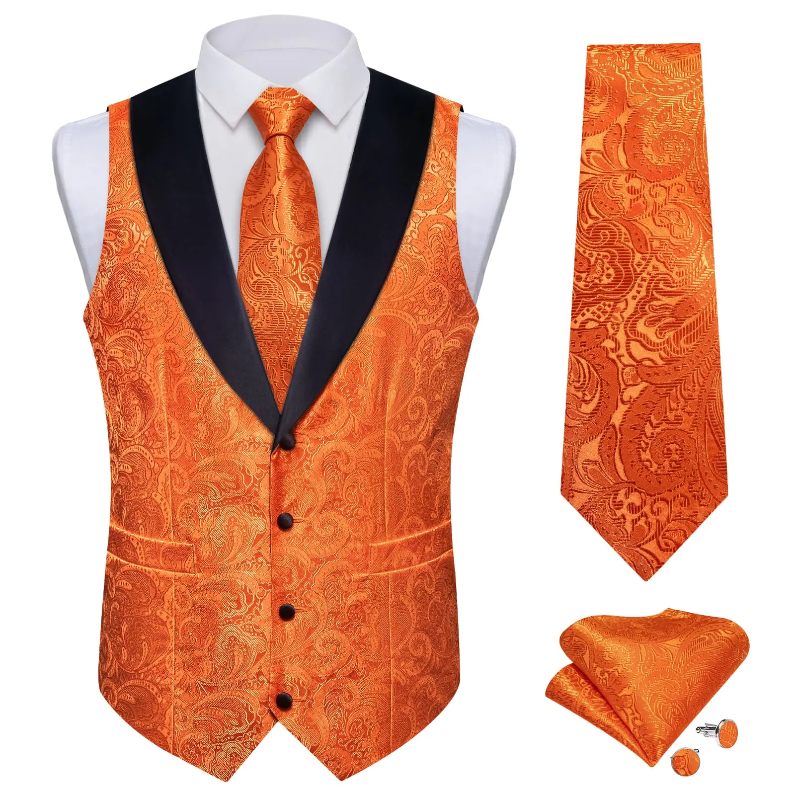 DiBanGu Bright Orange Floral Silk Shawl Collar Mens Dress Vest Tie Set