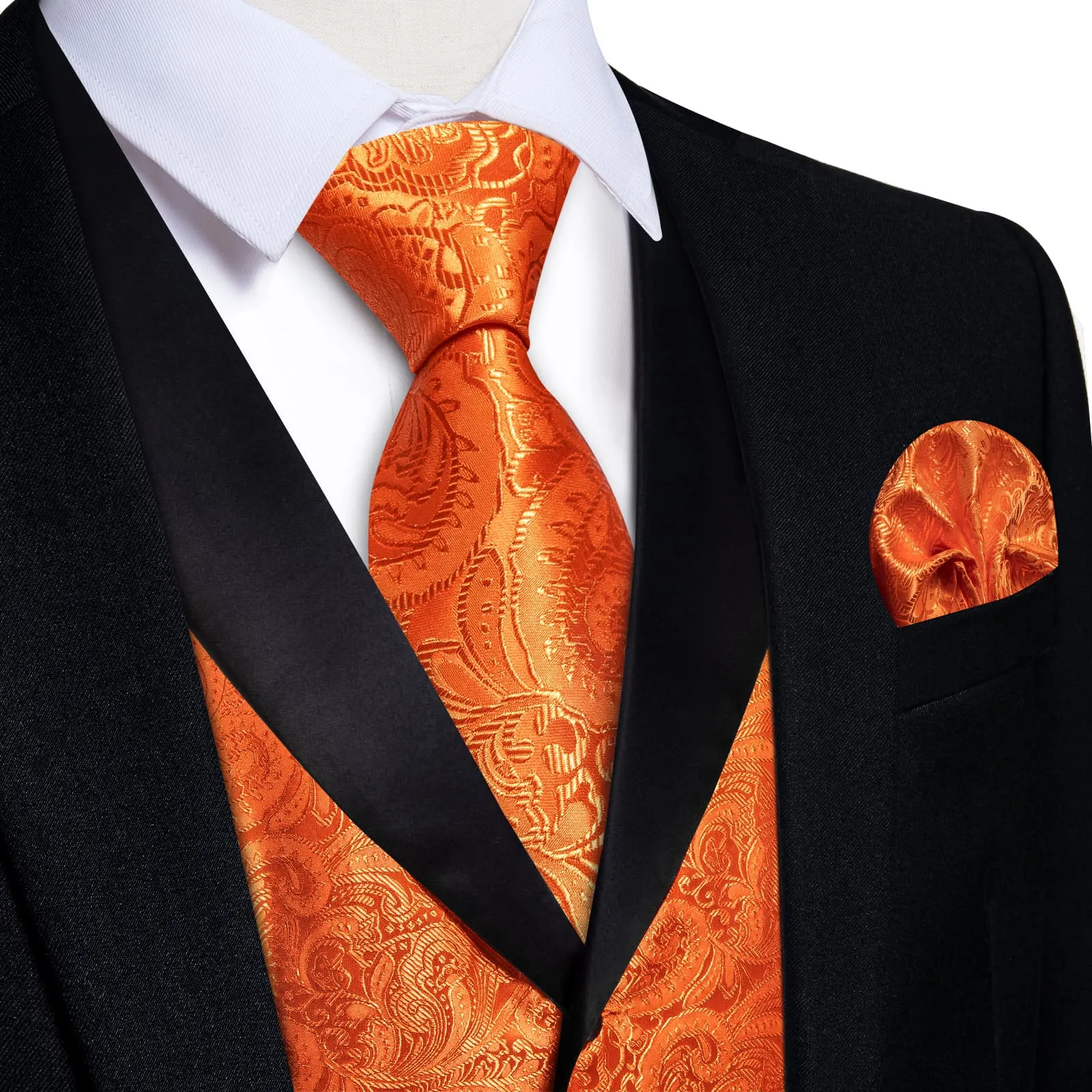 DiBanGu Bright Orange Floral Silk Shawl Collar Mens Dress Vest Tie Set