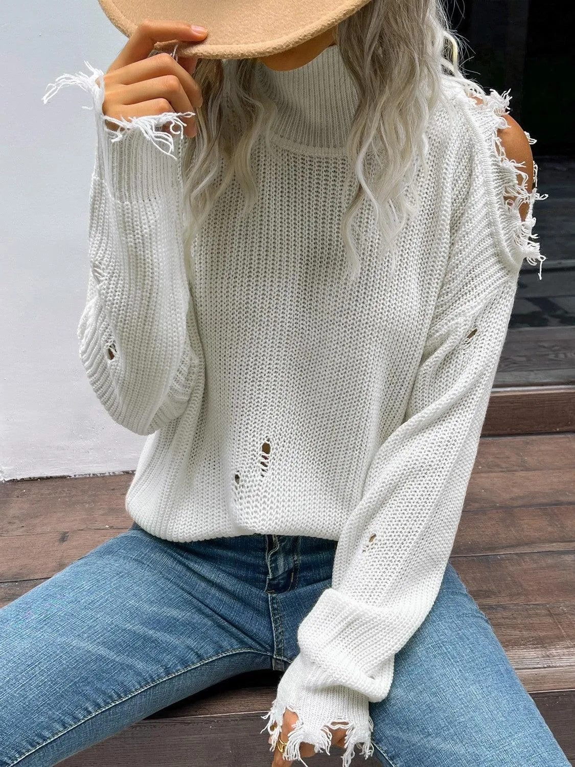 Distressed High Neck Cold-Shoulder Sweater