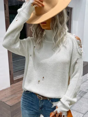 Distressed High Neck Cold-Shoulder Sweater