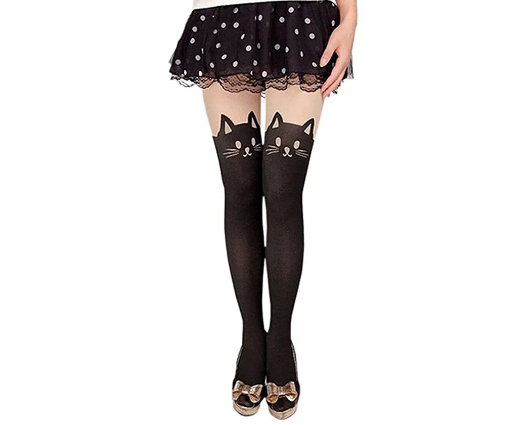 DS.DISTINCTIVE STYLE Animal Tattoo Tights Japanese Style Cosplay Pantyhose, Black, XS - Cat