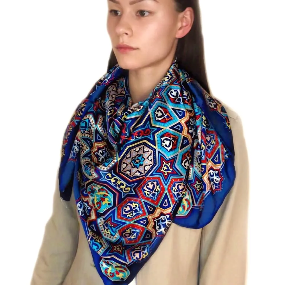 Extra Large Square Silk Scarf Silk Blue Diamond