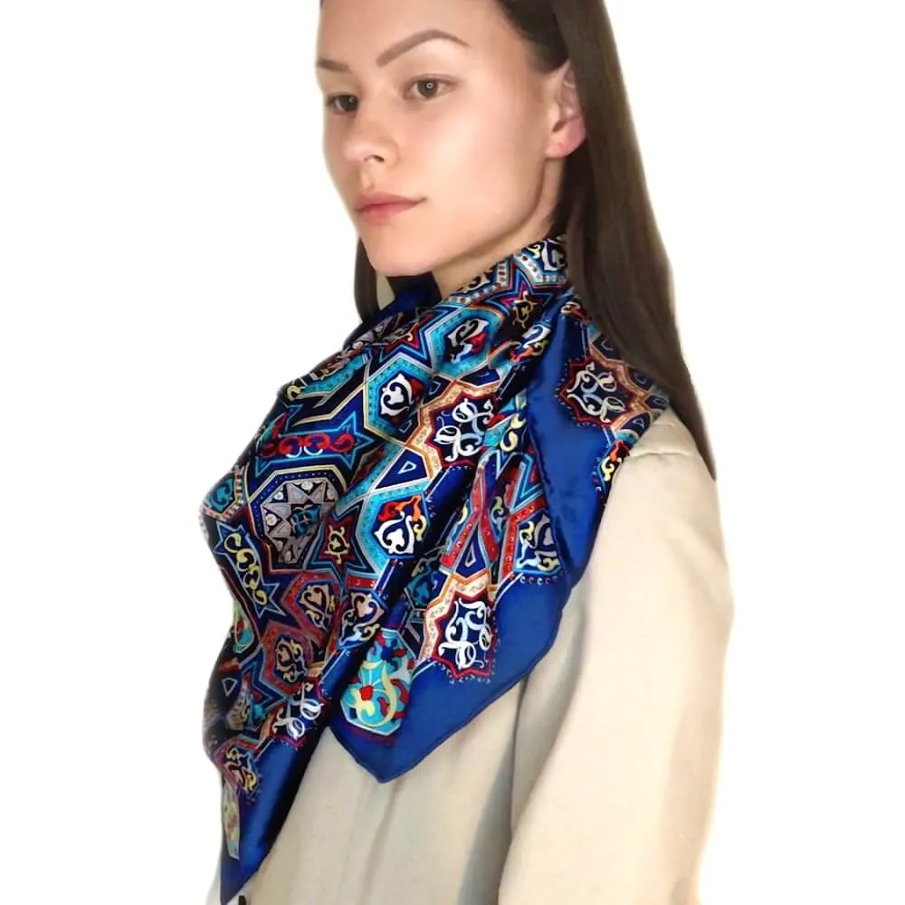 Extra Large Square Silk Scarf Silk Blue Diamond