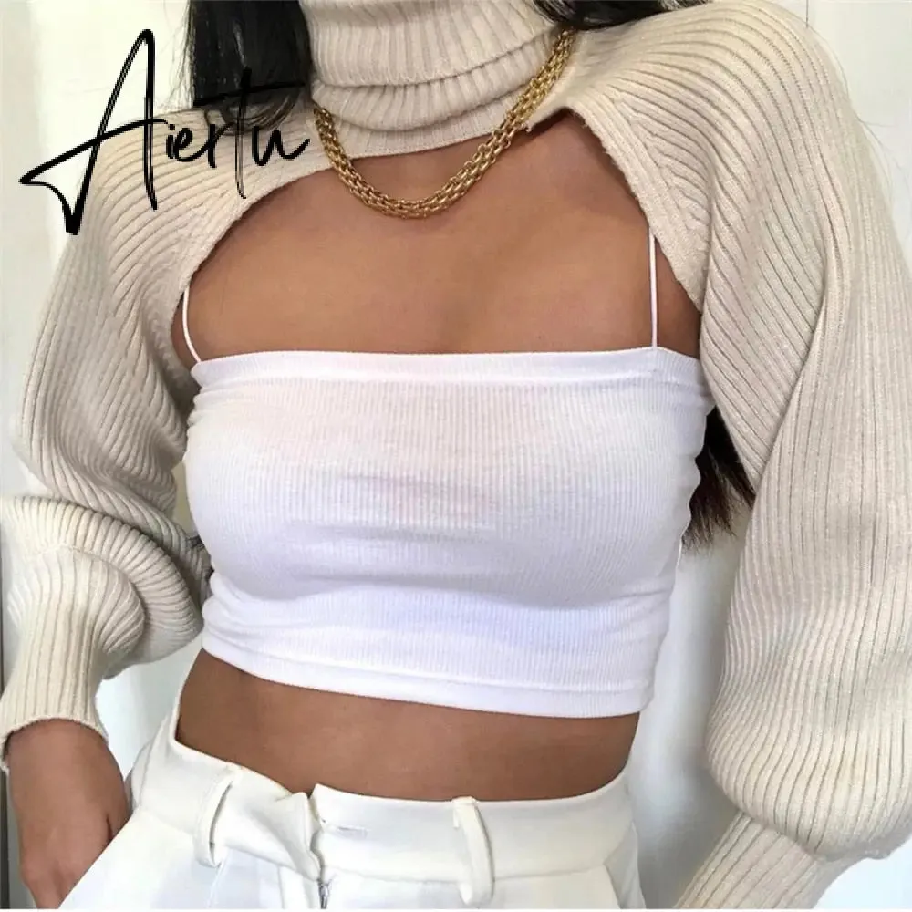 Fashion Autumn Women Female Solid Color High Collar Long Sleeve Mini Sweater Knitwear Pullover Black/Apricot