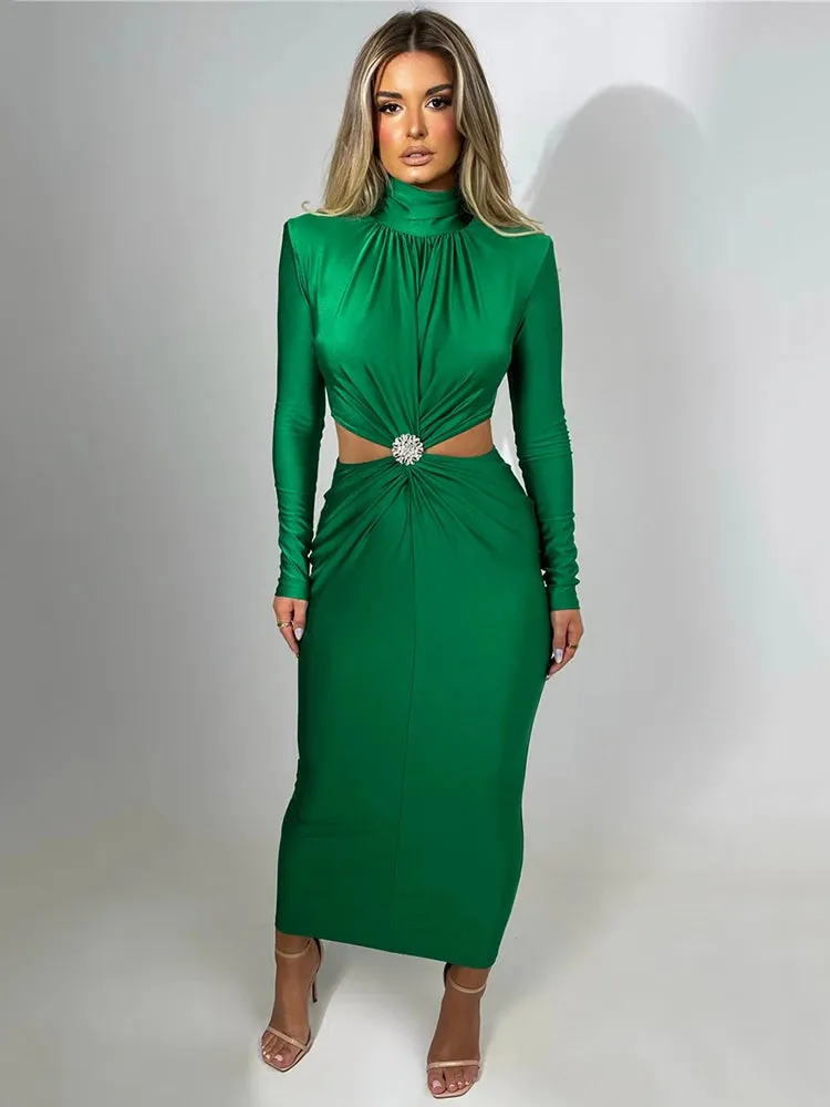 Fashionkova   Elegant Hollow Out Sexy Maxi Dress For Women Autumn Winter New Turtleneck Long Sleeve Bodycon Club Party Evening Dress